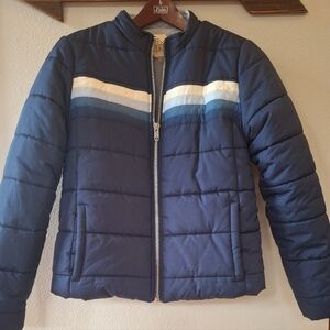 Chaser Quilted Puffer Coat Navy W/Stripes Full Zip Pockets Womens Size S